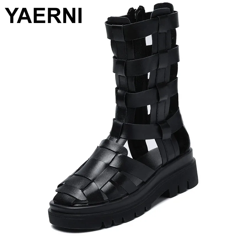 

Сандалии-гладиаторы женские из натуральной кожи, босоножки на танкетке с вырезами, повседневные модные ботинки ручной работы, лето 100%