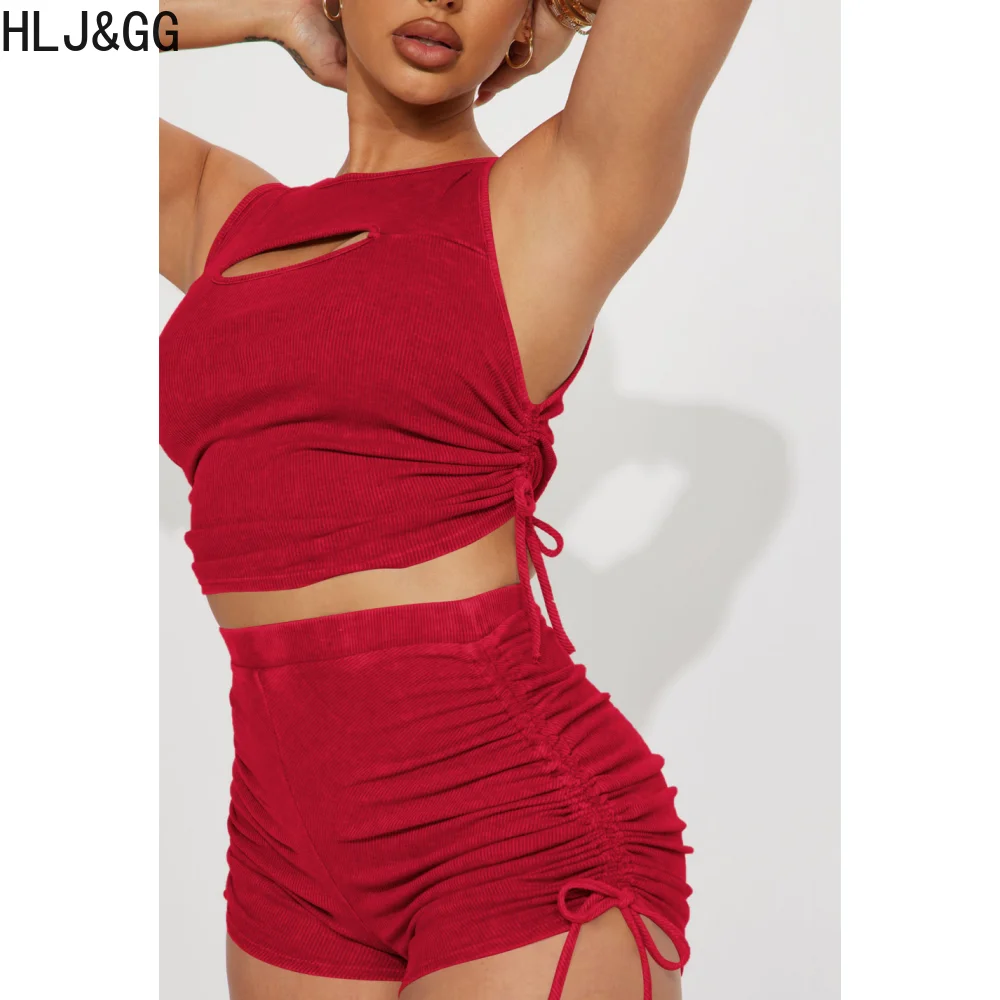 

HLJ&GG Sexy Hollow Out Drawstring Shorts Sets Women Sleeveless Crop Top And Shorts Two Piece Outfits Fashion Street Clothes 2023