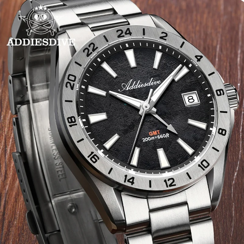 Фото Мужские часы ADDIESDIVE GMT AD2548 из нержавеющей стали, швейцарские кварцевые часы Ronda 515-24H с сапфировым стеклом, BGW9, светящиеся, водонепроницаемые до 200 м №2