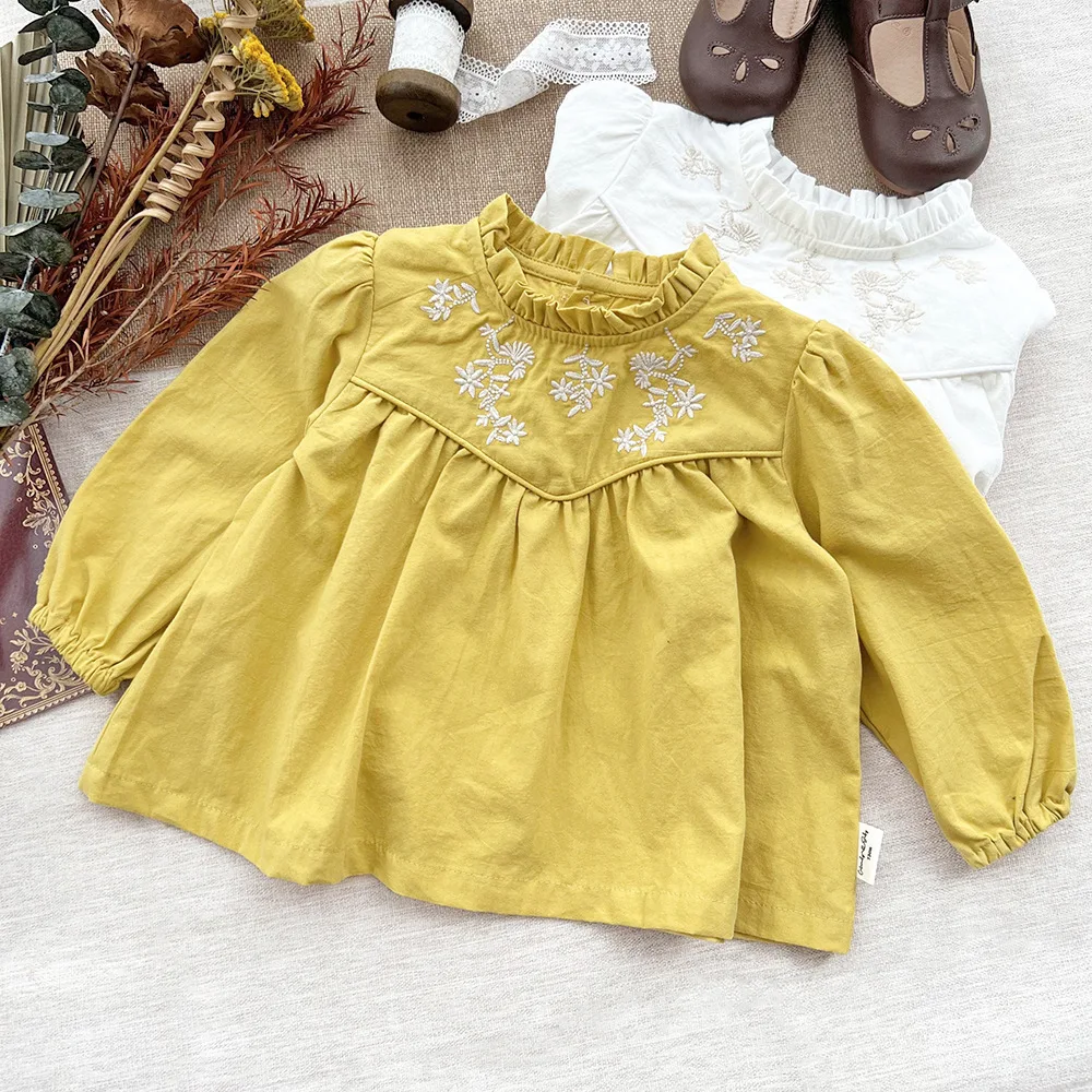 

Блузки с рукавами, стильные весенние Рубашки с цветочным рисунком для девочек Jonmi, топы с буфами, корейские вышивки с оленями для малышей, осень 2022, для малышей