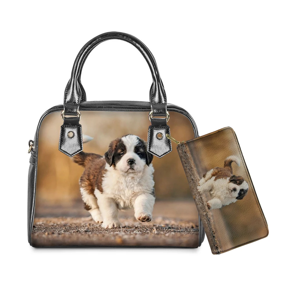 

WHEREISART Saint Bernard Cute Dog Pattern Female 2 Set Summer Beach Shoulder Crossbodybags Ladies Tote Handle Bag Sac A Main