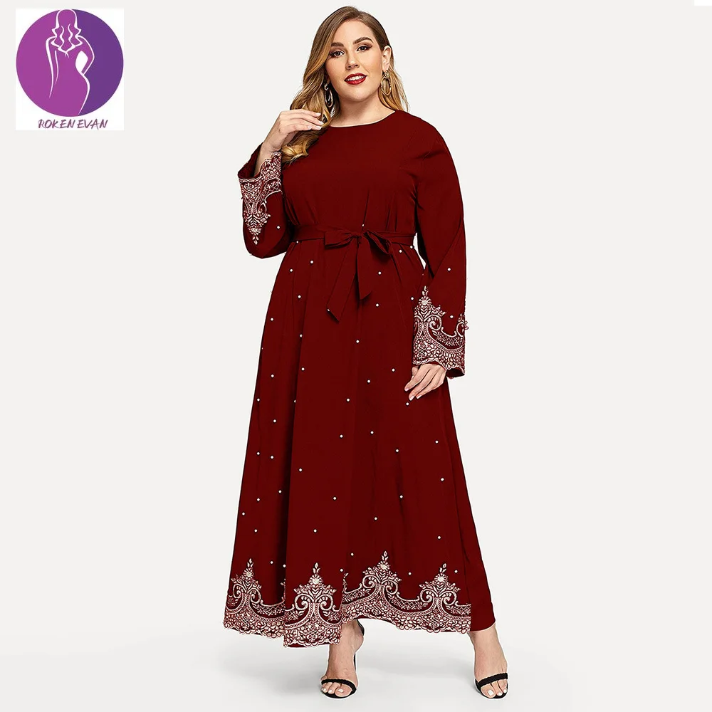 2022 Women Muslim Abaya Long Sleeve Embroidered Beaded Plus Size Dress  Dubai Abaya Turkey Maxi Dress Middle East Islamic Dress