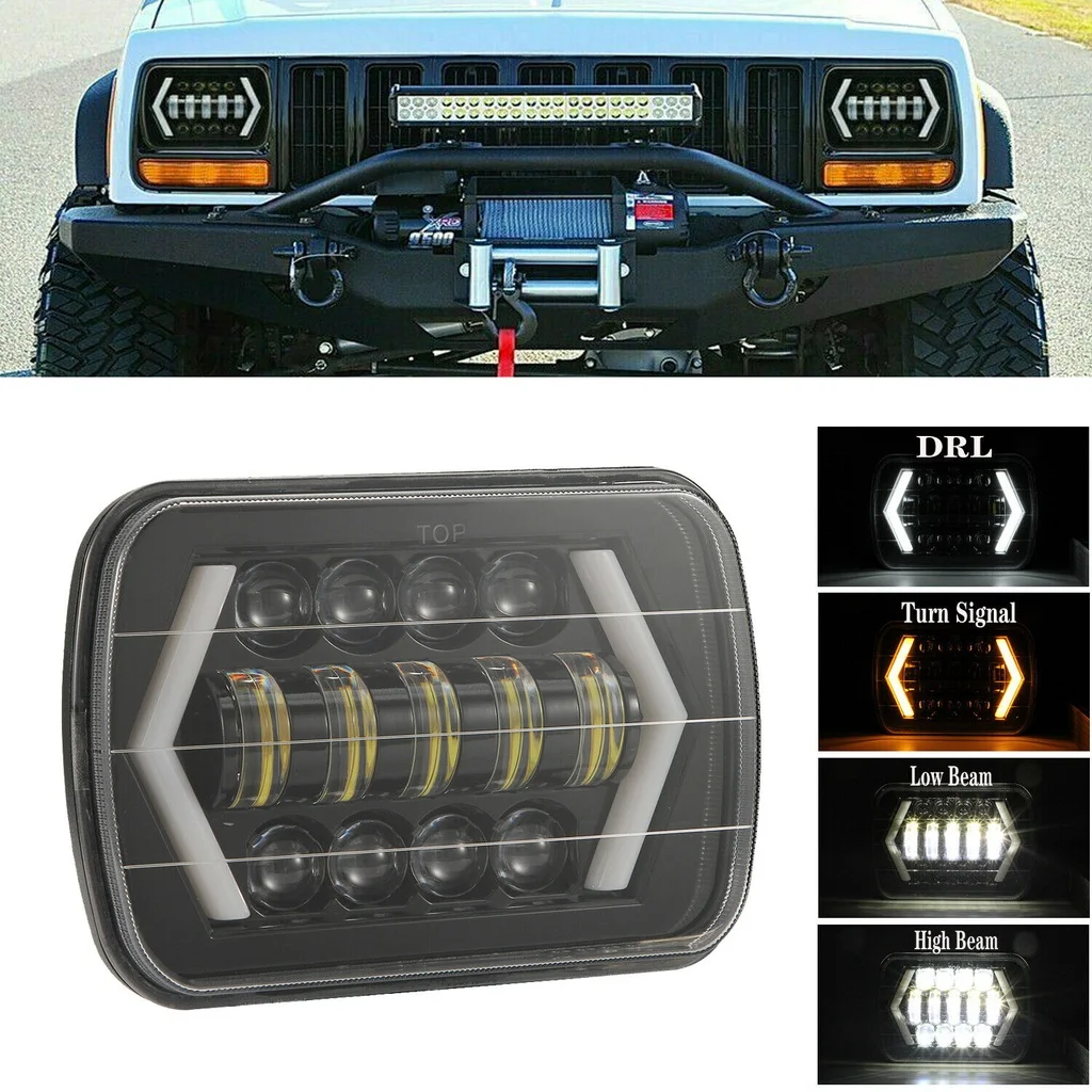 

400W 7x6" 5X7" LED Headlight Hi-Lo Beam Halo DRL White to Yellow Arrow for Jeep Cherokee 6000K White+Amber 40000LM