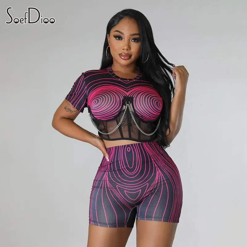 

Soefdioo 3D Print Two Piece Set Women Fashion Chain Mesh Crop Top and Hipster Shorts Matching Summer 2023 Night Club Outfits