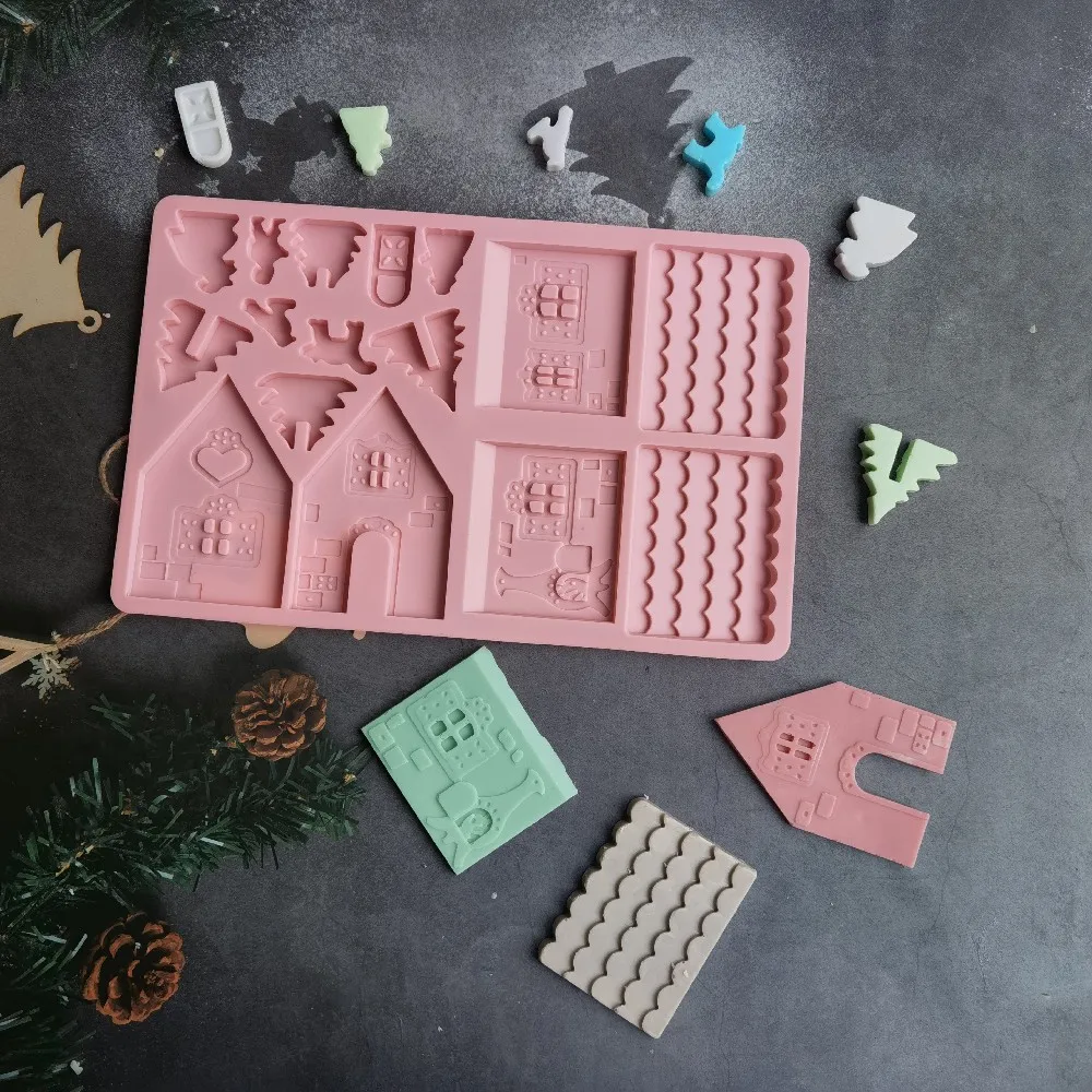 

New Building Block Christmas Wooden House Silicone Cake Baking Mold DIY for Chocolate Biscuit Dessert Bakeware Decorating Tools