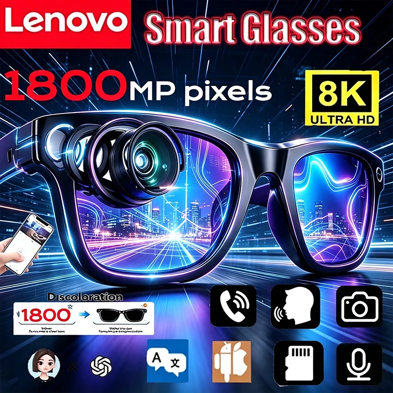 Фото Умные очки Lenovo с ИИ, управление камерой 1800 Вт, съемка 8K, перевод, звонки, ИИ-чат, запись, музыка, умные солнцезащитные очки для мужчин и женщин №1
