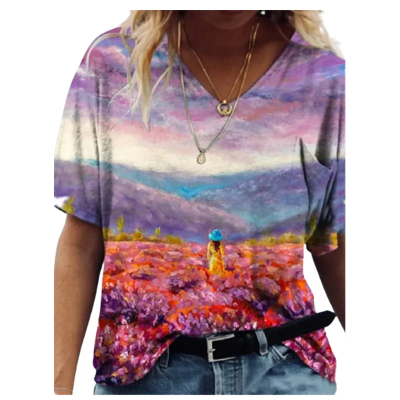 

3D Cartoon Floral Print T-shirt Women 2022 Casual Loose Short Sleeve V-Neck Tops Female Plus Size Streetwear
