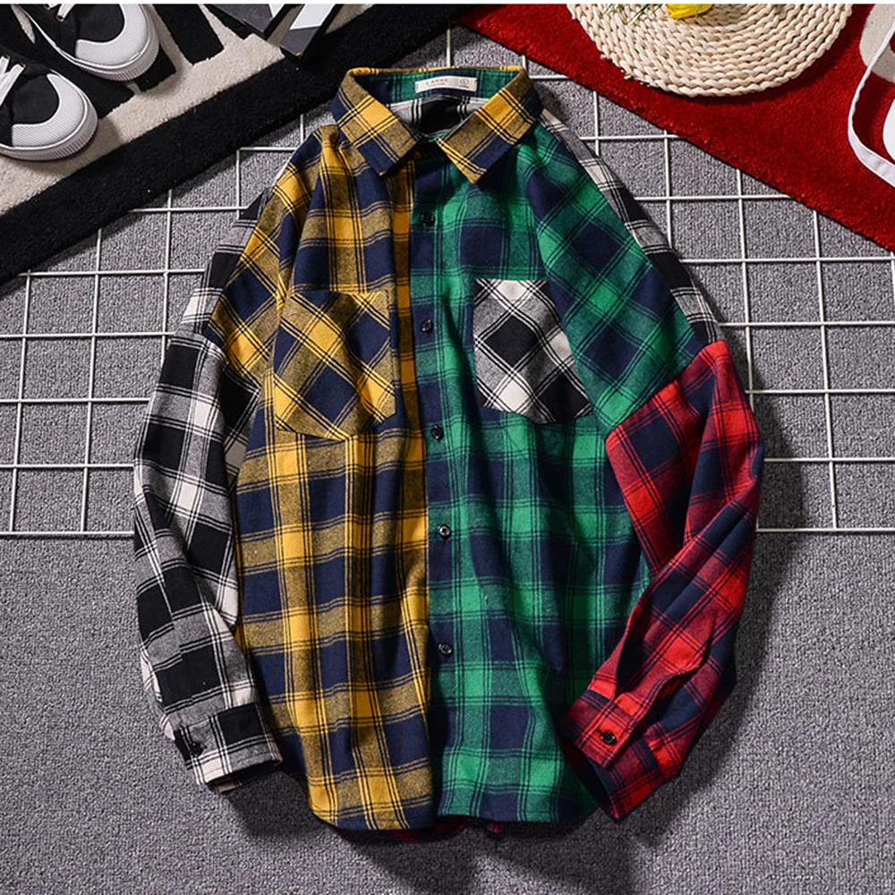 Long Sleeve Comfort Japanese Harajuku Vintage Plaid Patchwork Shirts Flannel Plaid Shirt Spring Autumn Casual Shirt Men MCL249