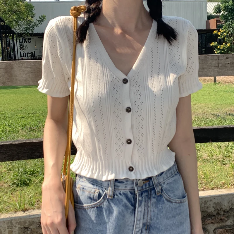 

Summer Women Fashion V-Neck Short Sleeve Crop Tops Korean New Hollow Out Knitted T-shirts Female Casual White/Black Tees Popular