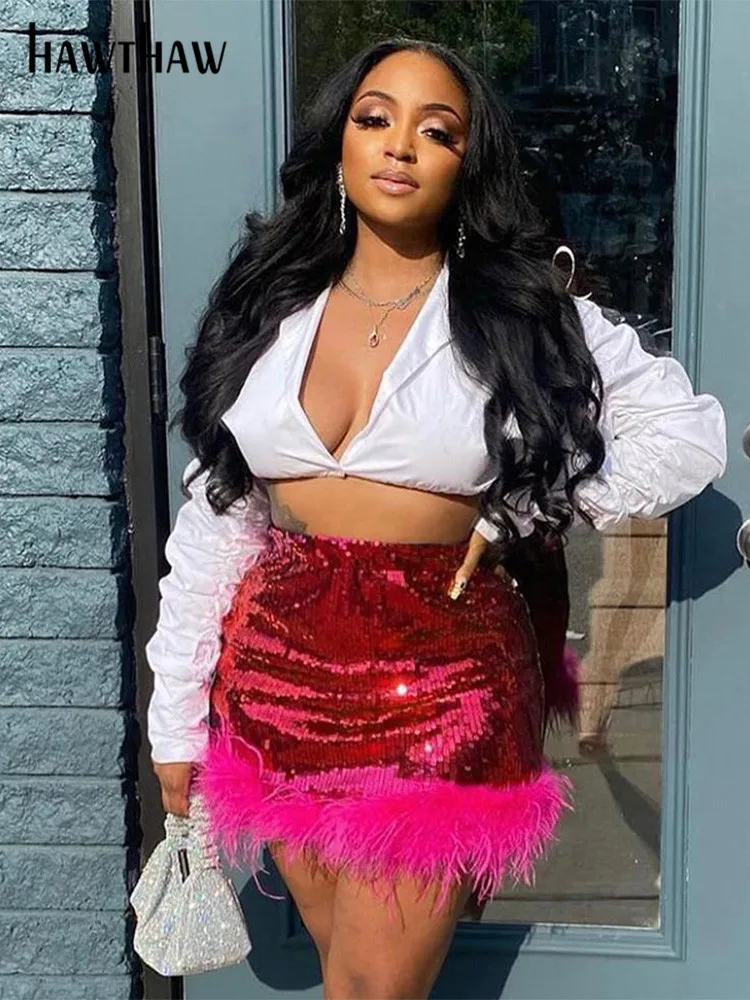 

Hawthaw Women Sexy Fur Party Club Streetwear Sequins Short Mini Skirt 2022 Summer Clothes Wholesale Items For Business