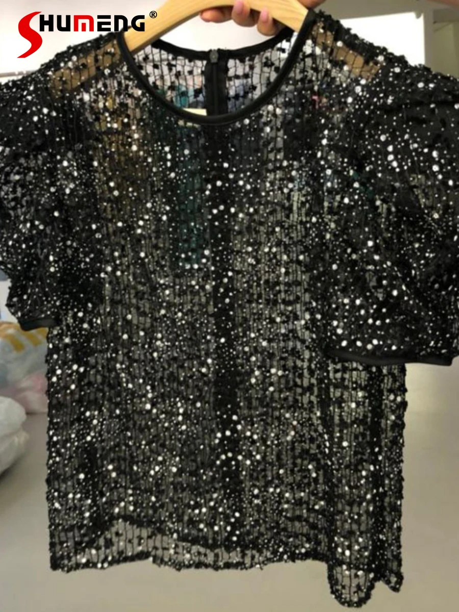 

Streetwear Korean Style Trendy Mesh Sequins Shirt Women 2022 Spring and Summer New Loose Short Puff Sleeve Top Blusa Feminina