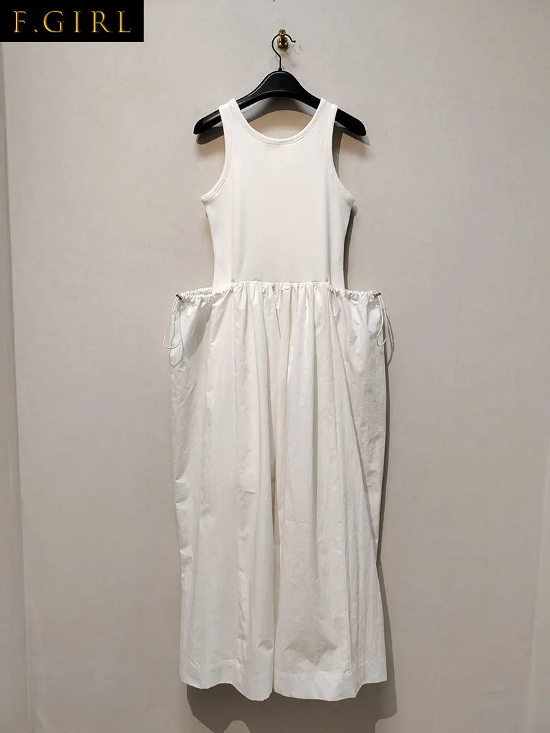 F GIRLS Japanese Sleeveless Pockets Dress Summer 2023 Fake Two O-neck Tank Vestidos Loose High Waist Mid-length Robe Femme