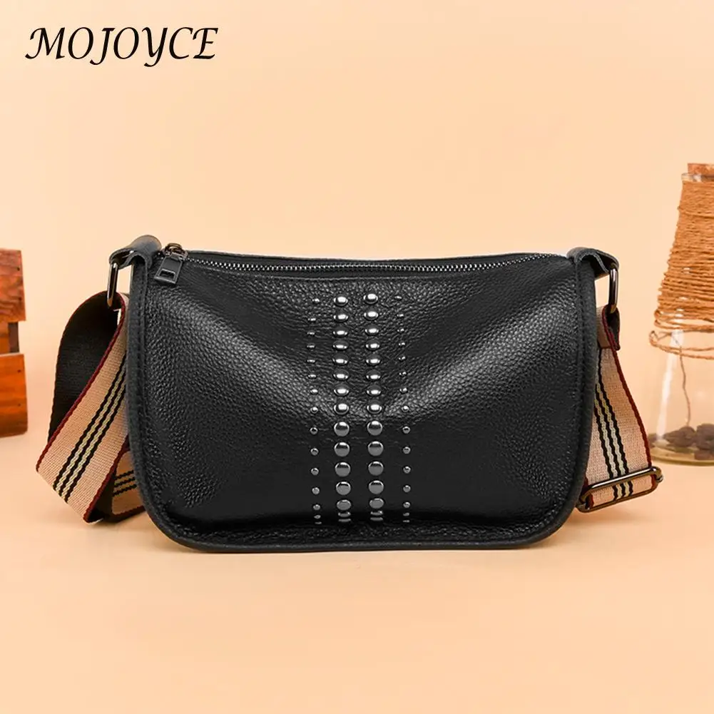

Fashion Rivet Crossbody Bag Casual Women Cow Leather Wide Strap Shoulder Phone Pouch Travel Ladies Small Handbag