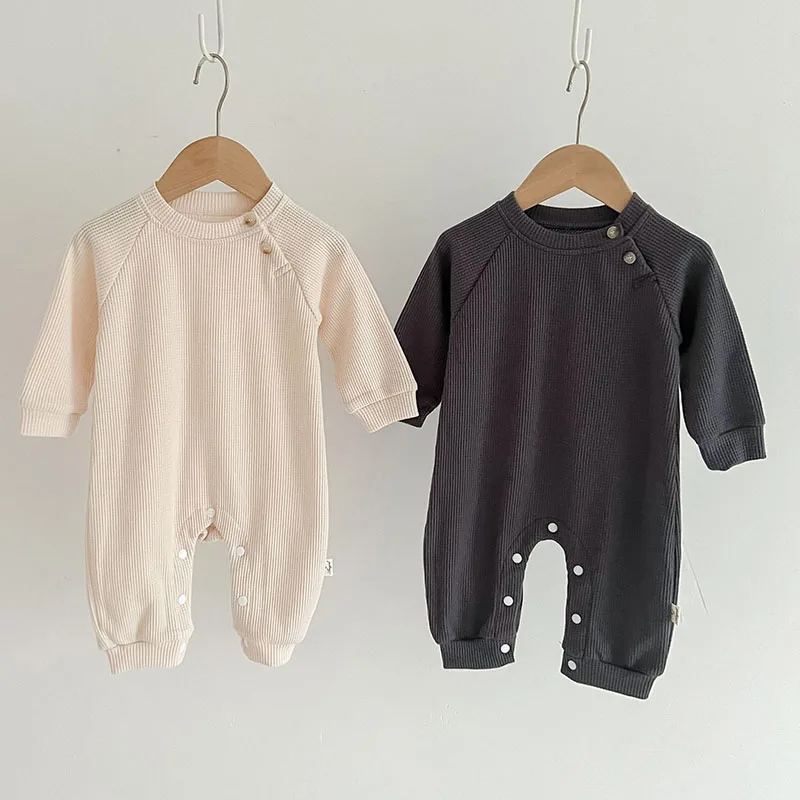 

Korean Style Climbing Suit Infant Baby Boys Girls Jumpsuit Waffle Cotton Solid Color Long Sleeve Autumn Spring Baby Clothing