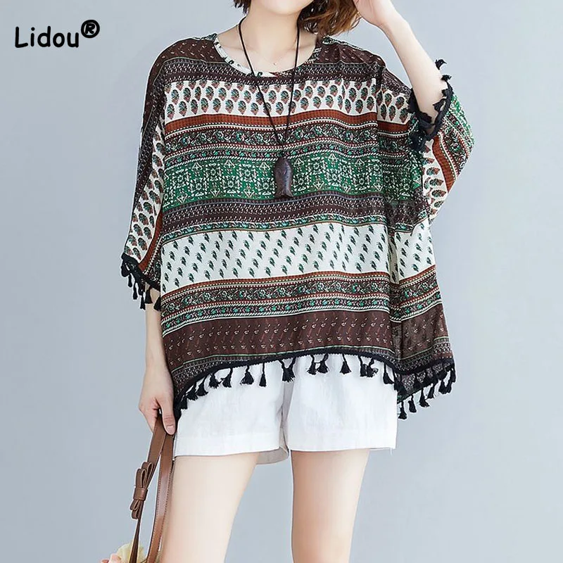 

Fashionable Vintage Female Round Neck Tassel Spliced T-shirt Loose Casual Batwing Sleeve Printed Tops Summer Women's Clothing