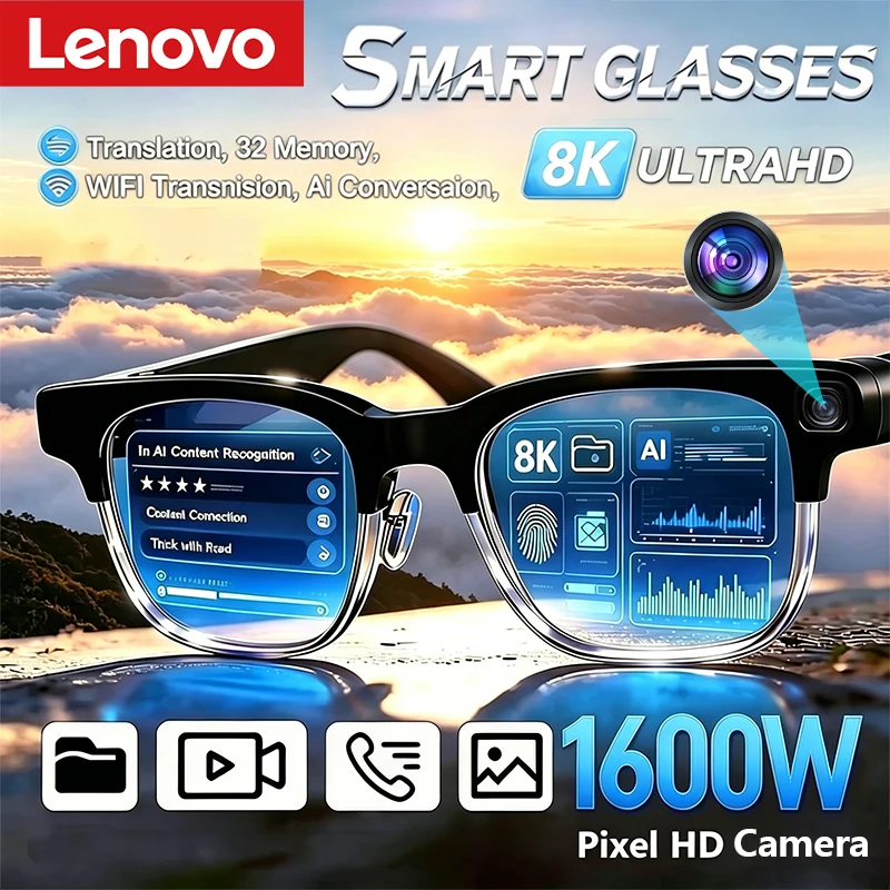 Фото Умные очки Lenovo с голосовым помощником, сенсорным управлением музыкой, Bluetooth-вызовами, для активного отдыха, модные солнцезащитные очки для мужчин и женщин, новинка 2026 года №1