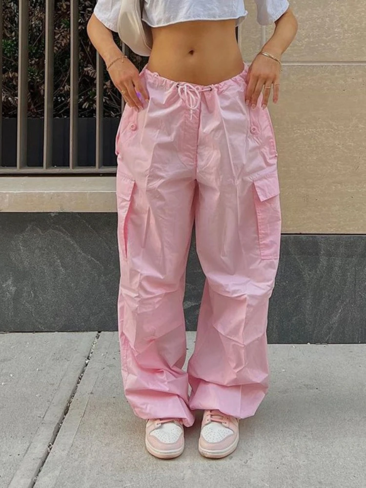 

Sunny Y.j. Streetwear Loose Pink Cargo Pants Fall Fashion Casual Drawstring Baggy Trousers Low Waist Loose Joggers Women Pants
