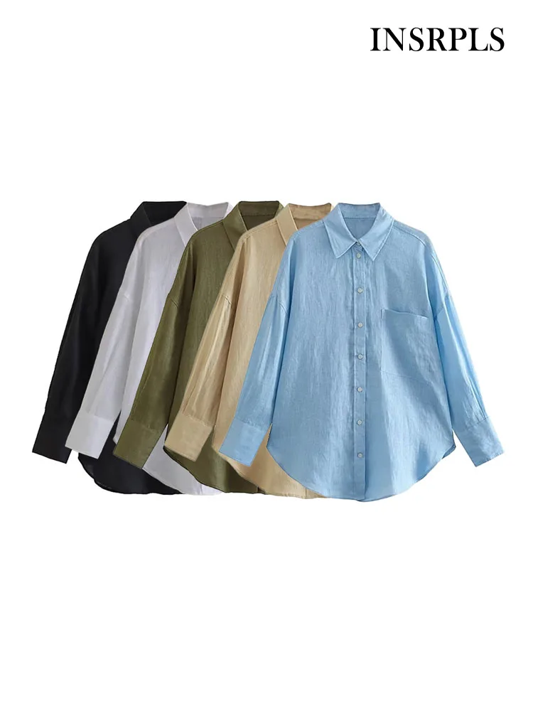

INSRPLS Women Fashion With Pocket Oversized Linen Shirts Vintage Long Sleeve Button-up Female Blouses Blusas Chic Tops