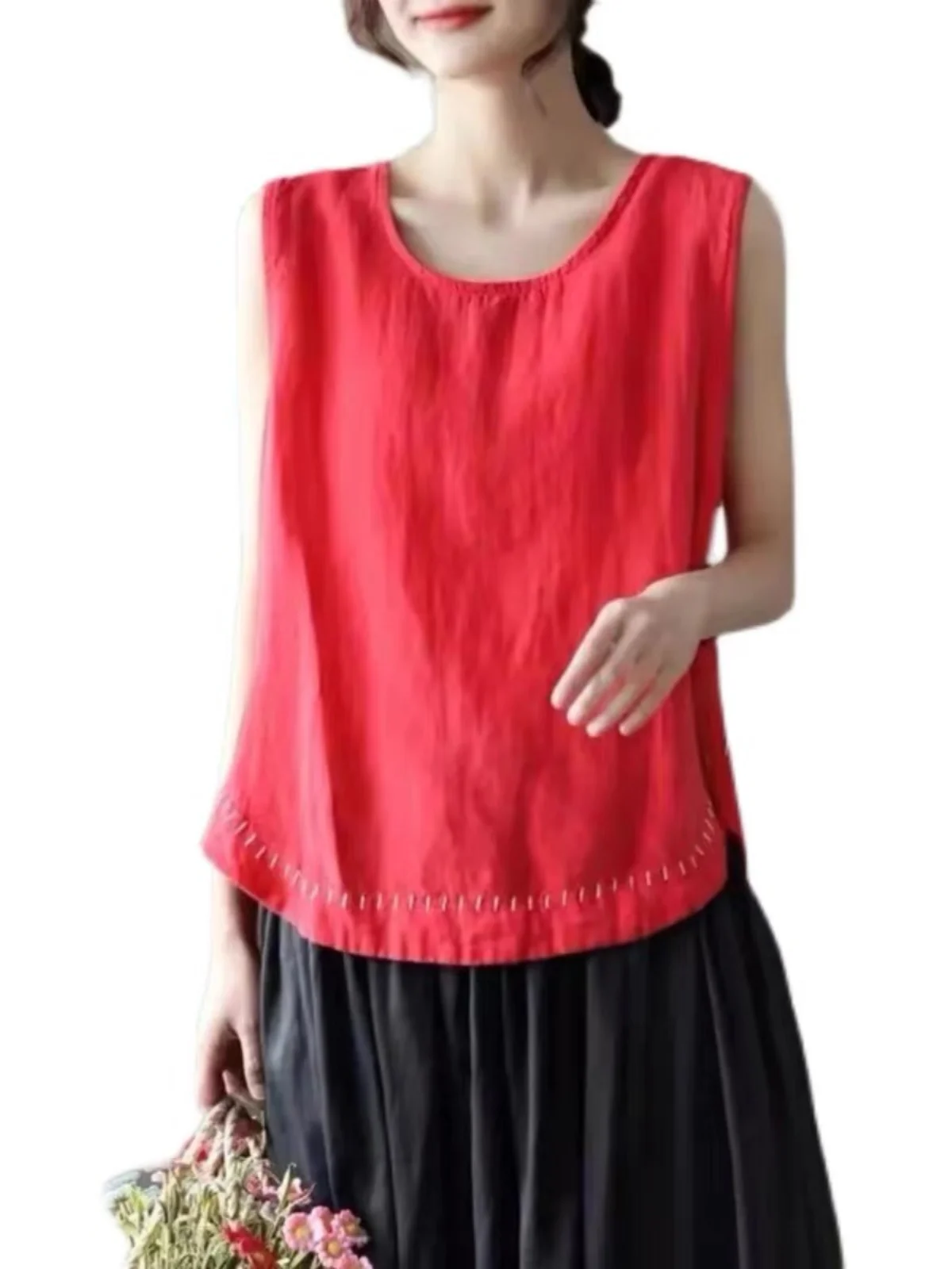 Лето 2025 г. хлопково-льняной жилет без рукавов женская верхняя одежда