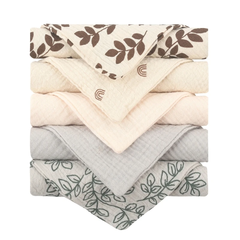 

N80C Baby Square Face Towel Infant Drooling Bibs Wash Cloth Cotton Muslin-Handkerchief Skin Friendly Nursing Burp Cloth 5PCS