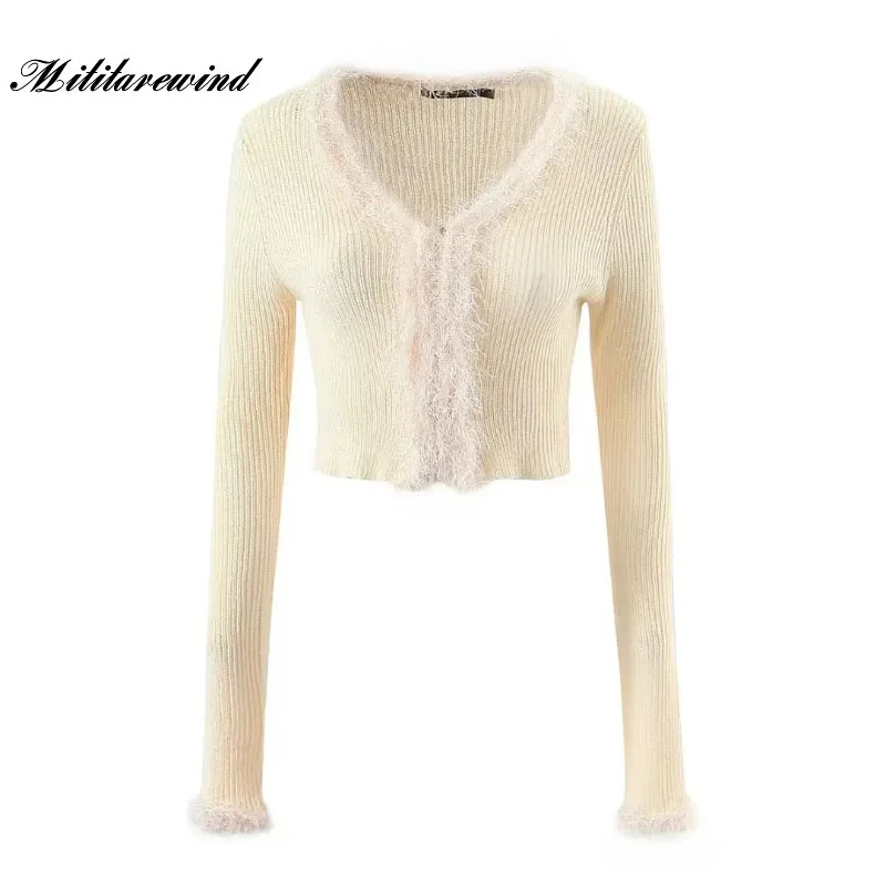 

2023 Short Fur Collar Knitwear Women Sexy Mature Ladies Tops Autumn New Single Breasted Long Sleeve Navel Sweaters Femme Fashion