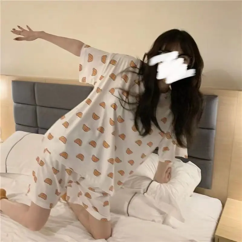 Women Pajama Sets Loose Casual Short Sleeve Cartoon Kawaii O-neck Cotton Cozy Soft High Elastic Waist Ulzzang Female Sleepwear