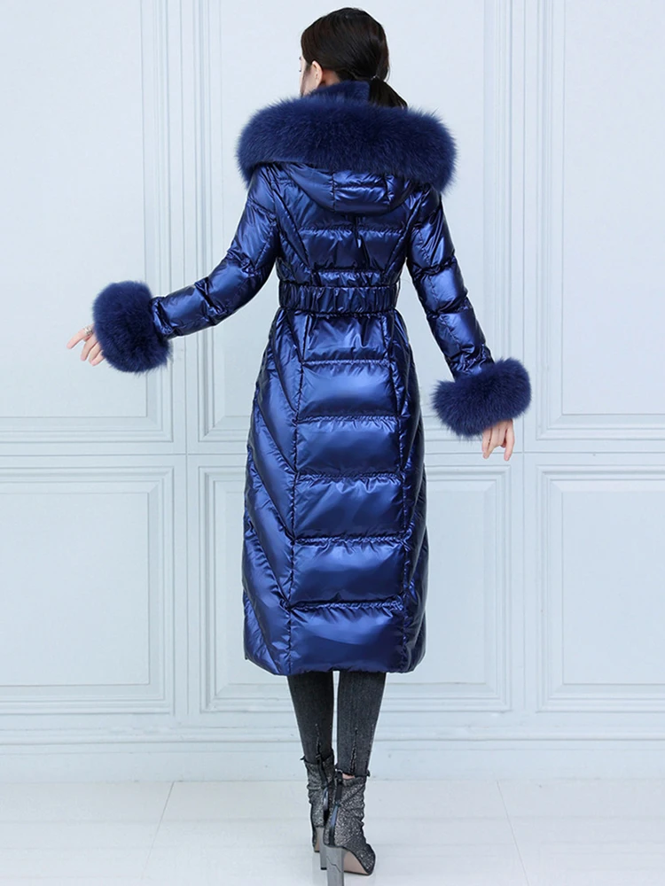 New Women Winter Real Fur Down Coat Elegant Fashion Double Fox Fur Collar Thicken Warm Long Wash Free Glossy Surface Down Jacket