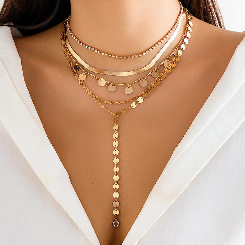

5Pcs/Set Vintage Sequin Rhinestone Tennis Chain Necklace for Women Goth Flat Snake Link Chest Choker Aesthetic Wed Y2K Jewelry