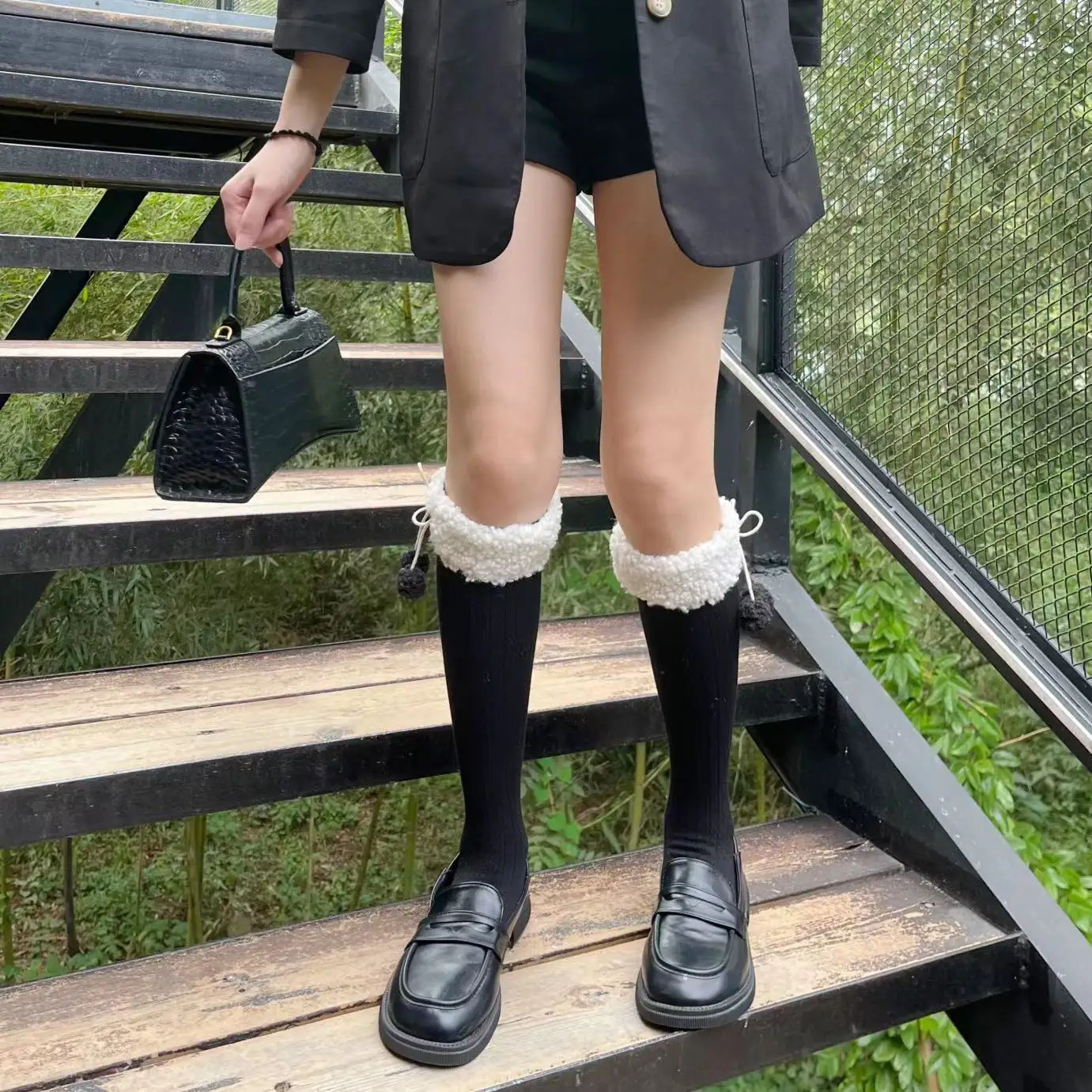 Jk Lolita Lamb's Wool Stockings Leg Warmers Hairball Winter Warm Cotton Women Thigh-length Socks Y2k Mid-calf Calf Boots Sock