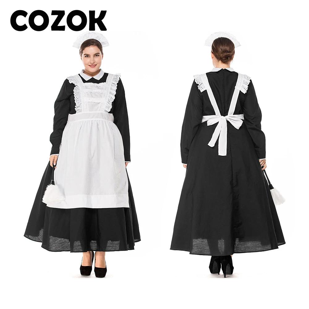 

COZOK Colonial Victorian Maid Halloween Costume Women Servant Festival Carnival Cotton Dress Housekeeper Apron Outfit For Adult