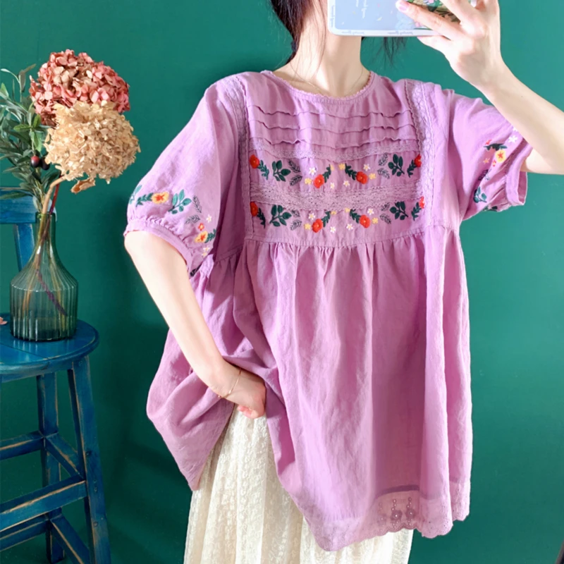 Summer Women Loose Plus Size Bohemian Style Mori Kei Girl Lace Patchwork Floral Embroidered Oversize Cotton Linen Shirts/Blouses