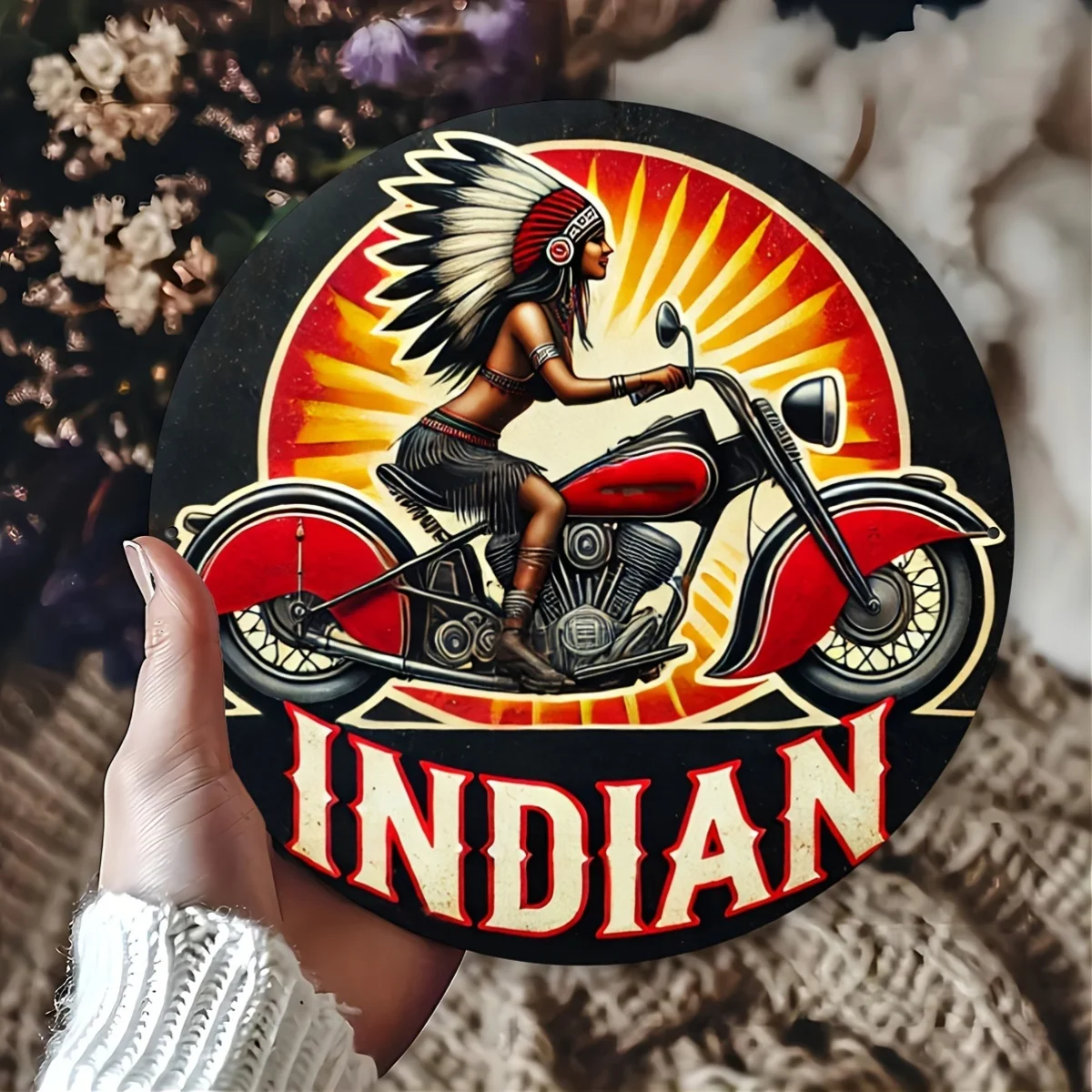 

Винтажная металлическая табличка с изображением мотоцикла Indian