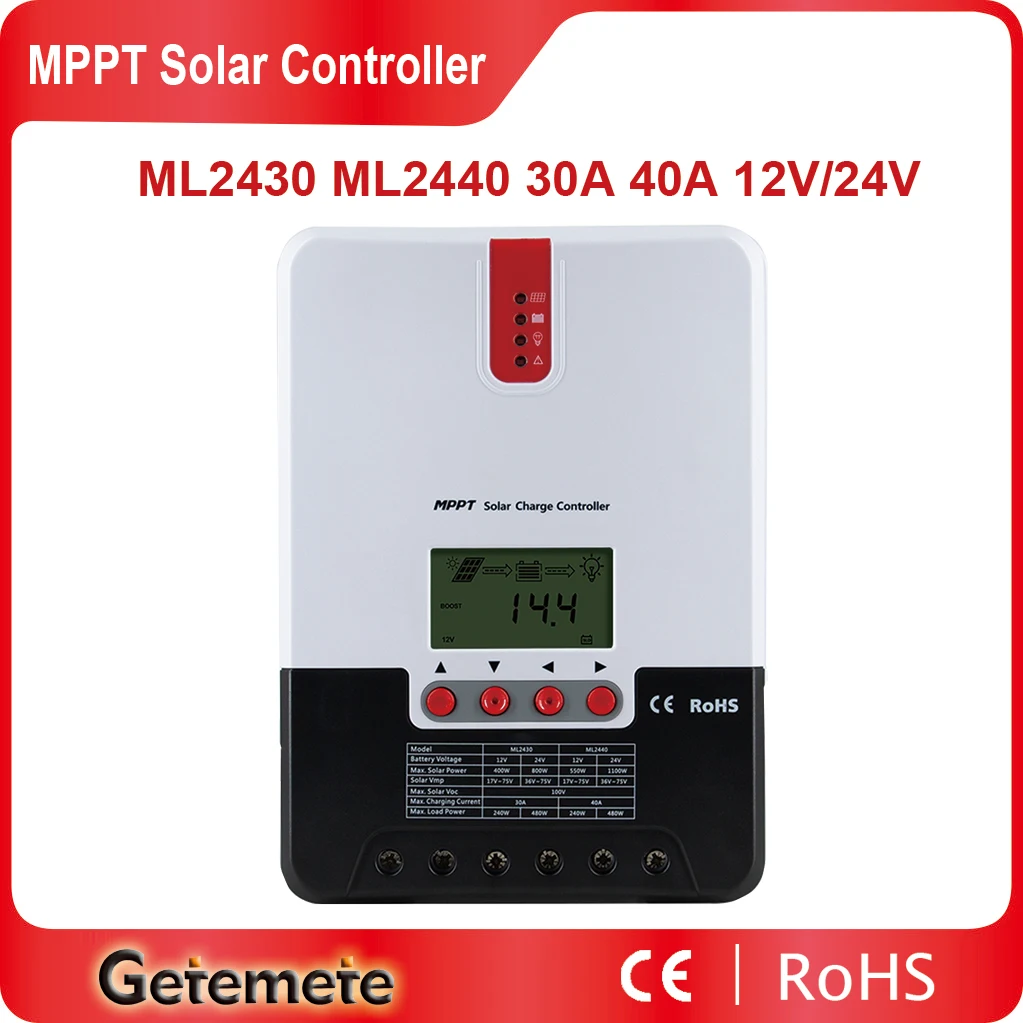 Фото Контроллер заряда солнечной батареи GTMT ML2430/ML2440 30A/40A 12 В 24 В с автоматическим MPPT для батарей, регулятор солнечной энергии PV, зарядное устройст... №1