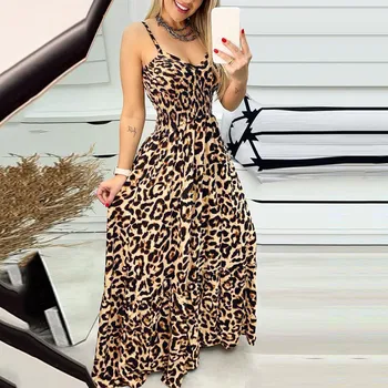 Sexy Elastic High Waist Maxi Dress Women Summer Leopard Printed Backless Long Dress Slim Spaghetti Strap Beach Dresses robe 1