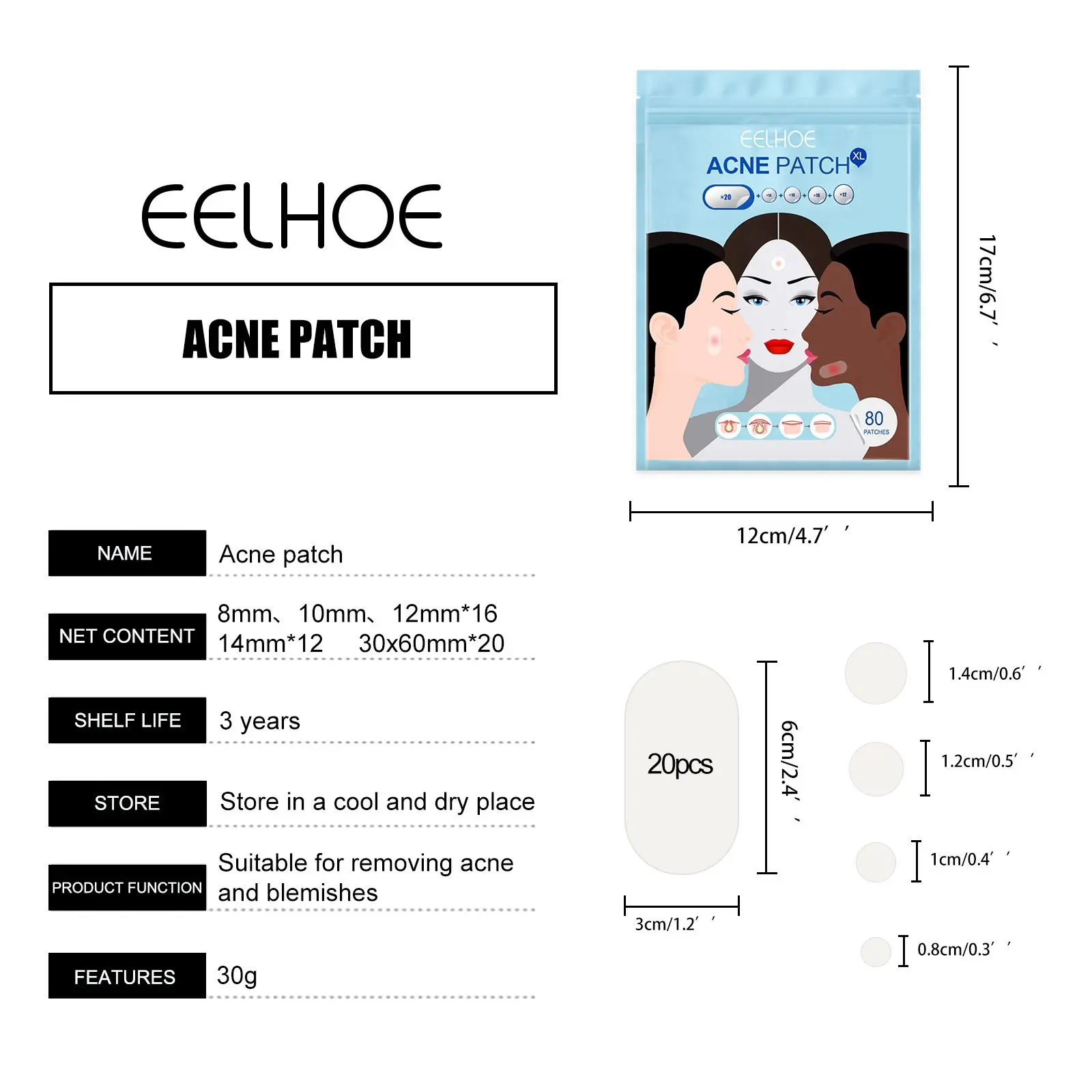 80PCS 8mm/10mm/12mm/14mm Acne Pimple Patches Skin Tag Remover Patch Spot Treatment with Tea Tree&ampCalendula Oil Face Care - купить по