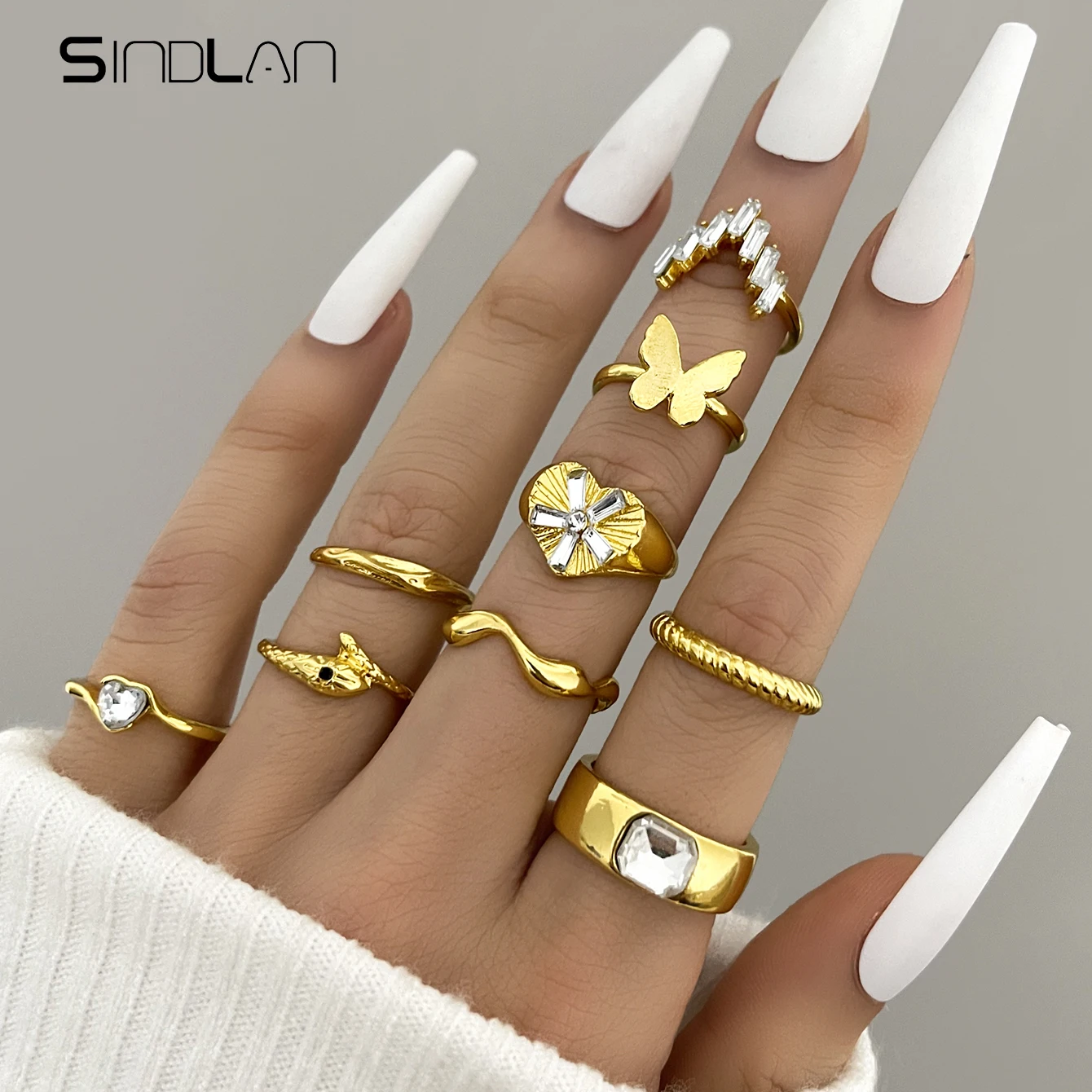 

Sindlan 9Pcs Vintage Gold Color Butterfly Rings for Women Kpop Crystal Snake Geometric Set Za Y2k Fashion Jewelry Anillos Mujer