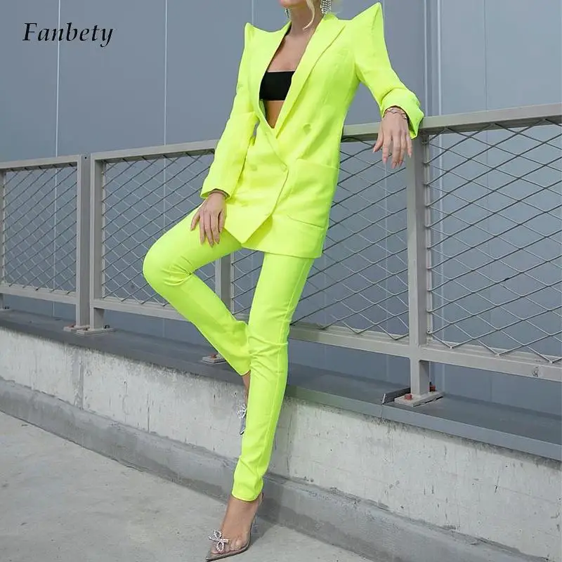 

Elegant Lapel Double-breasted Blazer and Pencil Pants Outfits Women Fashion Puff Long Shoulder Sets Casual Solid Slim 2Pc Suits
