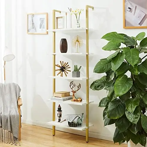 Ladder Shelf, 5-Tier Open Wall-Mounted Bookshelf with Stable Metal Frame, 72 Inches Storage  Shelves, Stand Bookcase for Home Of