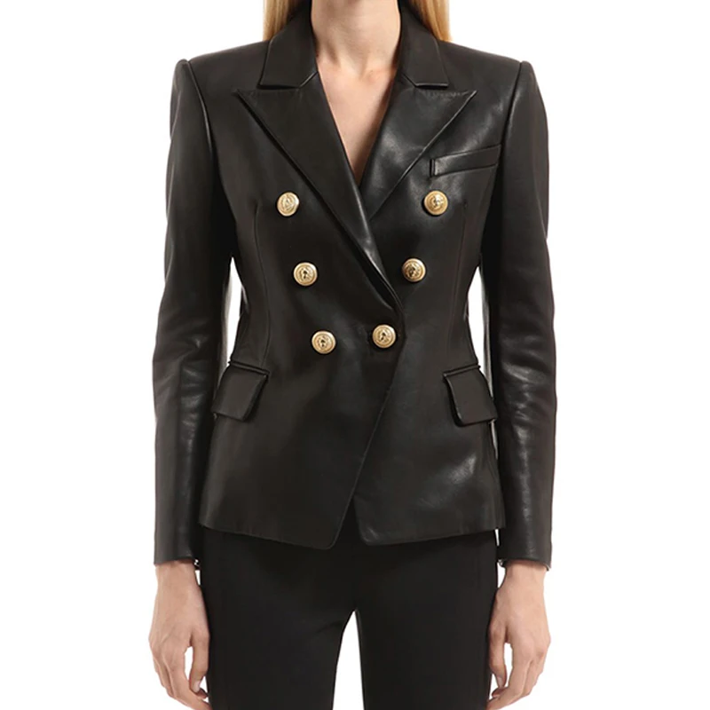 

Plus Size 2023 Fall Winter Runway Office Women Coat Full Sleeve Lion Double Breasted High Quality Faux Leather Slim Black Jacket