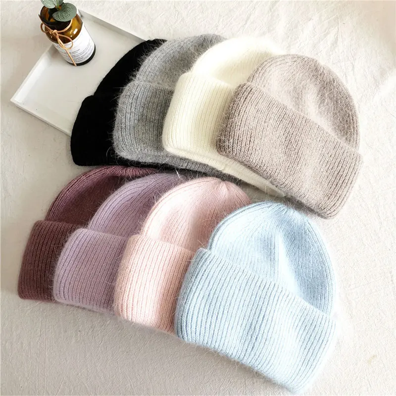 

High Quality Winter Hats for Women Warm Rabbit Fur Hair Female Caps Fashion Solid Colors Wide Skullie Beanies Vacation Hat New