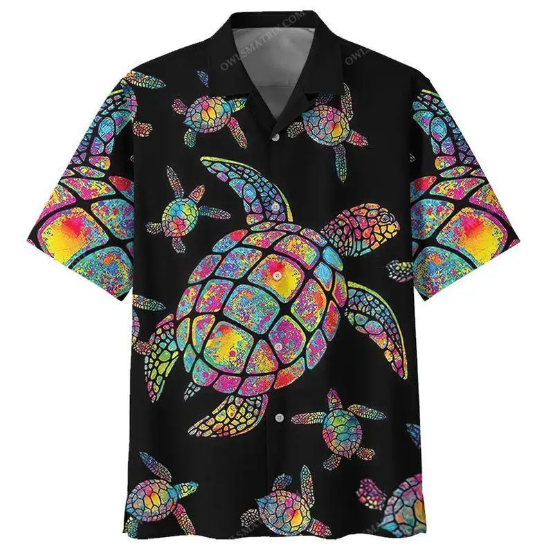 

Hot Sale Men's Cuban Black Shirt Colorful Sea Turtle Summer Hawaii Short Sleeve Chemise Homme Plus Size