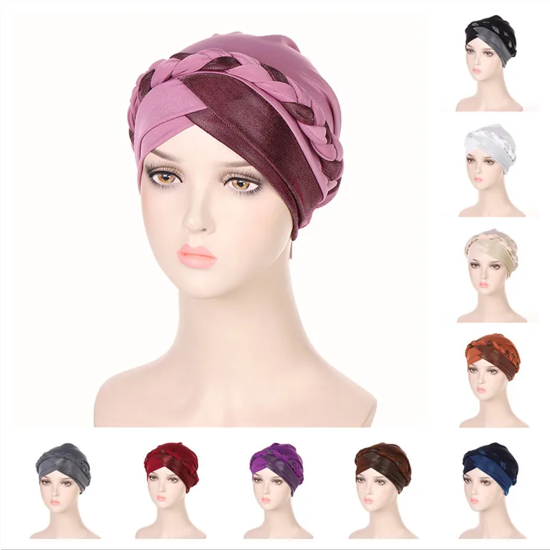 

Muslim Women Pre tied Turban Hat Braid Bright Silky Cancer Chemo Beanie Cap Headwear Headwrap Head Cover Cap