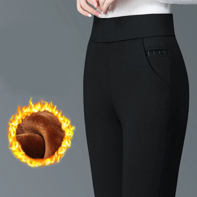 Women Winter Warm Pants Velvet Thick Trousers High Waist Elastic Middle Aged Mother Stretch Straight Pants
