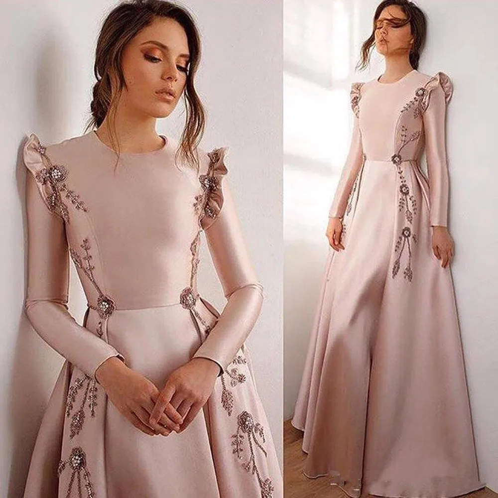 

A Line Evening Dresses Modest Long Sleeves Satin Prom Dress Ruffles Lace Applique Beaded Gowns Plus Size robe de soirée femme