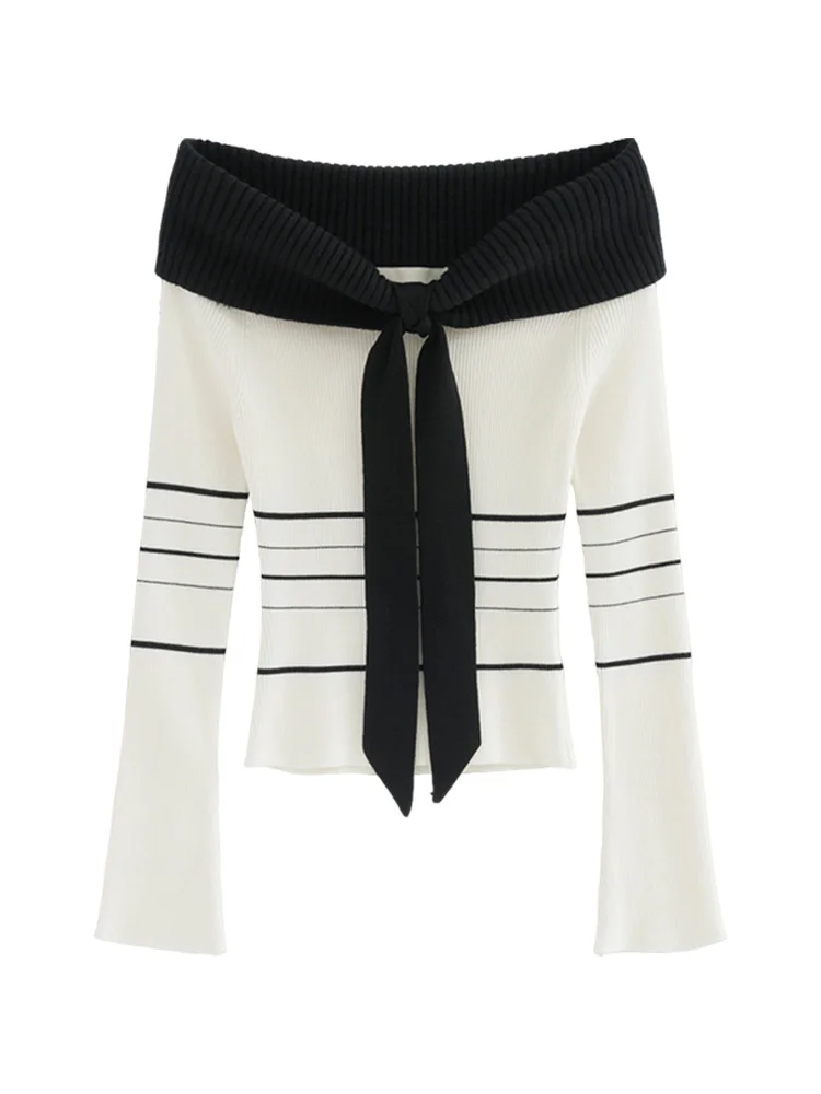 Высококачественный вязаный свитер с открытыми плечами в белую полоску осень 2023