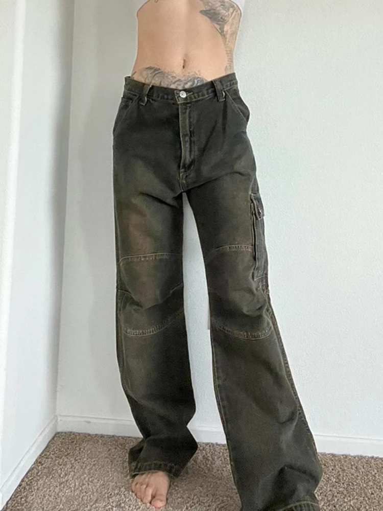 

Женские винтажные джинсы-карго с заниженной талией и карманами