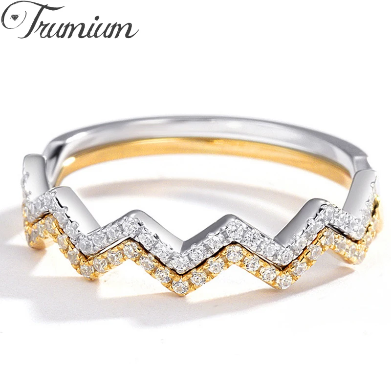 Trumium 100% 925 Sterling Silver Wave Pattern Rings For Women Girls V Shape Diamond Zircon Stacking Ring Fine Jewelry Gifts