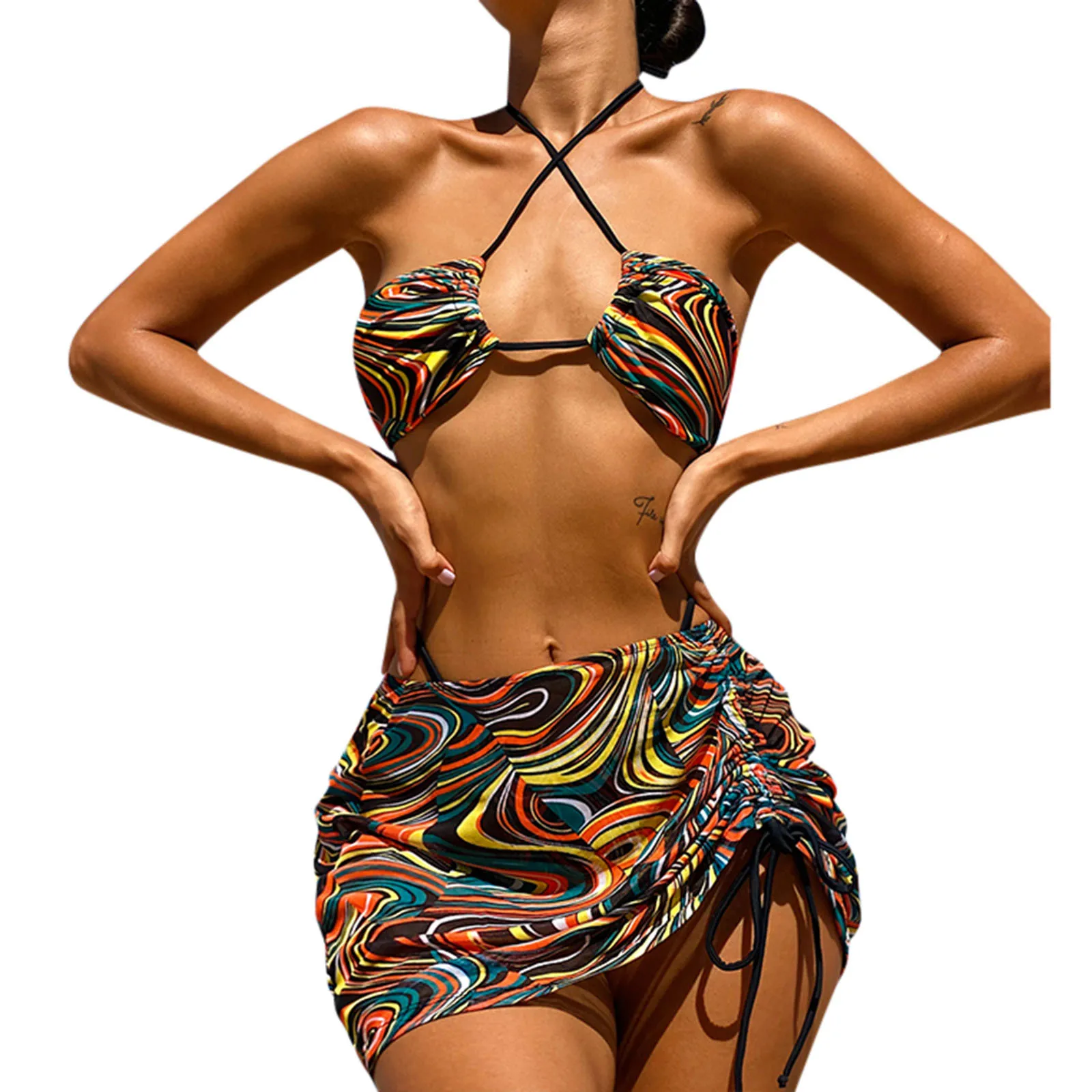 

Женский раздельный купальник-бикини с принтом и шортами