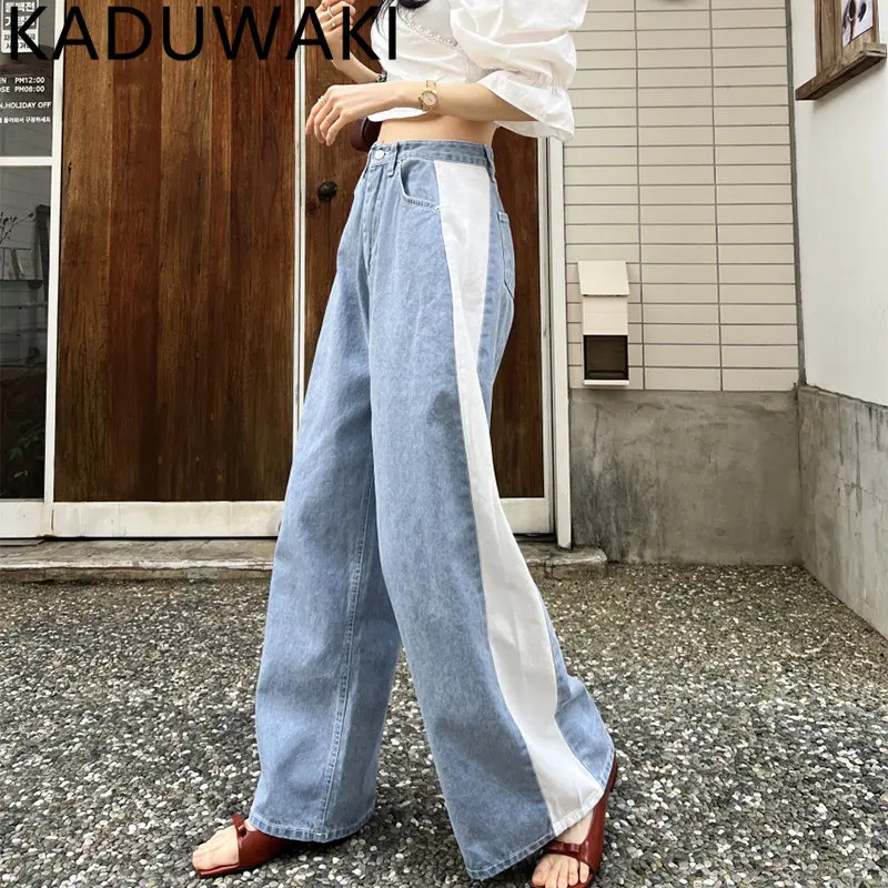Korean Straight Leg Jeans Woman Fashion Color Matching Denim Y2k Vintage Clothes High Waist Pants Woman 2023 Spring Summer