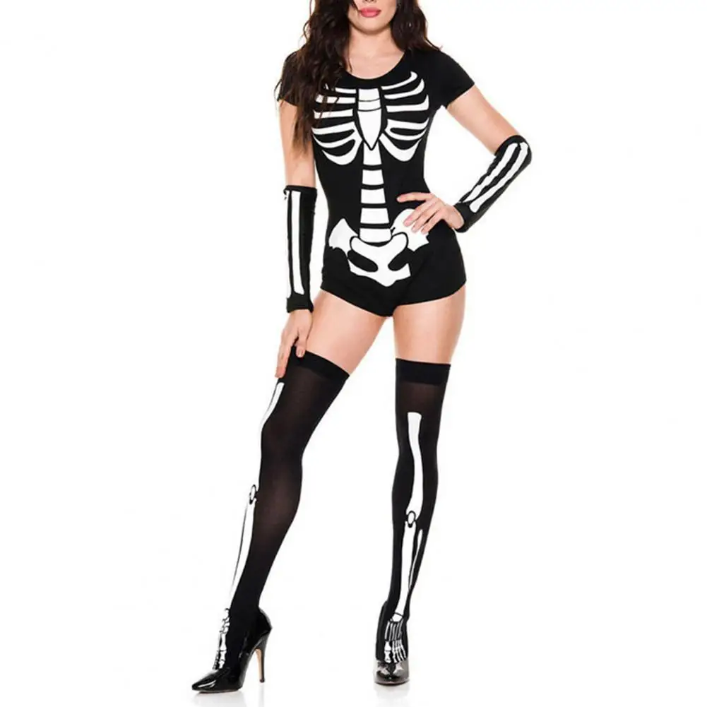 

Trendy Skull Cosplay Clothes Bone Print Female Skull Cosplay Costume Skull Bodysuit Gloves Socks 1 Set